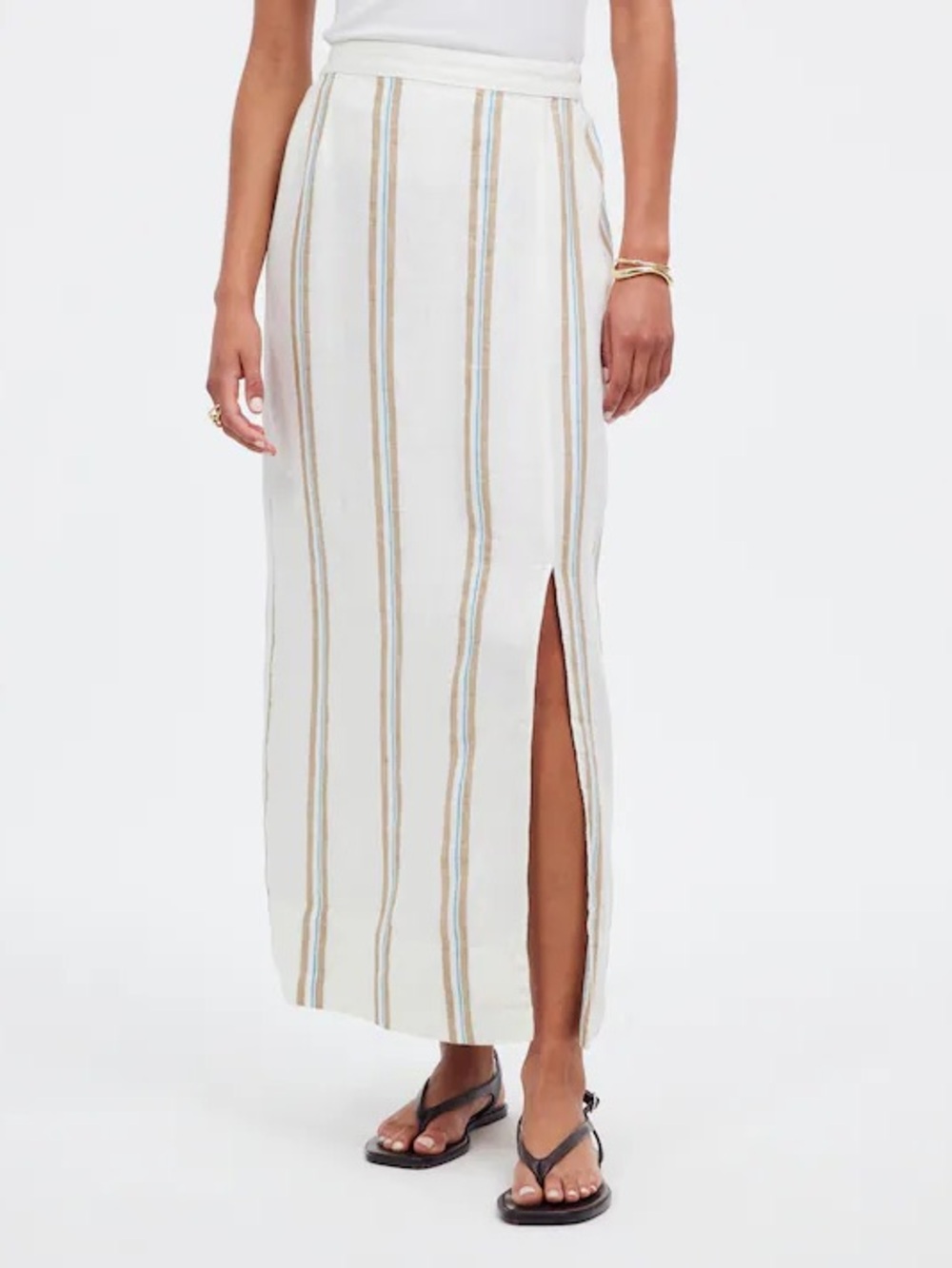 Madewell Column Maxi Skirt 100% Linen Striped Side Slit Size Small